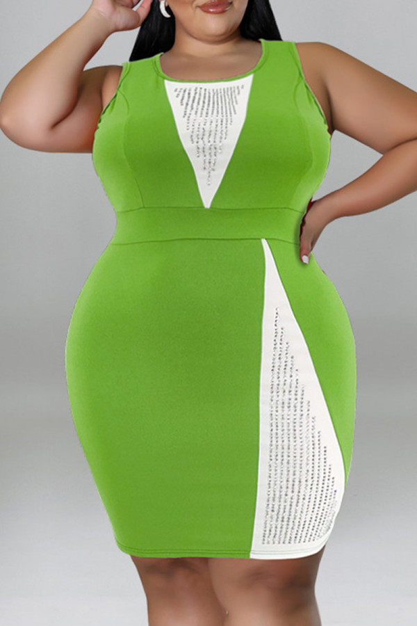 グリーンカジュアルソリッドパッチワークホットドリルOネックベストドレスプラスサイズのドレス