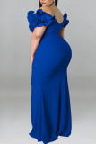 Robe de soirée bleue sexy en patchwork uni à col en V et robes de grande taille