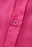 Розово-красные повседневные однотонные лоскутные платья с отложным воротником и пряжкой в ​​стиле пэчворк.