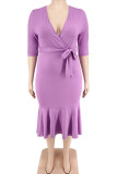 Green Casual Solid Bandage Patchwork Flounce V Neck Straight Plus Size Dresses