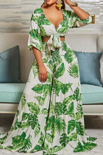 Green Fashion Casual Print Basic V Neck Three Quarter Two Pieces