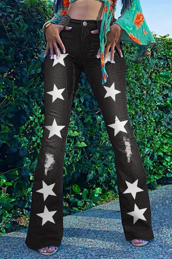 Zwarte mode-straatprint patchwork hoge taille denim jeans