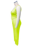 Green Yellow Sexy Casual Solid Backless U Neck Plus Size Two Pieces