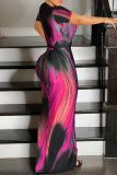 ローズレッド ファッション カジュアル プリント スリット ベルト付き Vネック 半袖ドレス