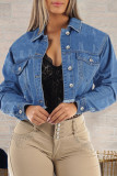Djupblått Mode Casual Solid Tofs Patchwork Turndown-krage Långärmad Vanlig jeansjacka