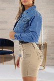 Голубая модная повседневная однотонная джинсовая куртка с кисточками в стиле пэчворк с отложным воротником и длинными рукавами