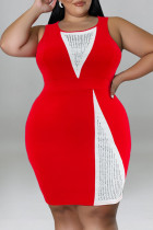 Rotes beiläufiges festes Patchwork Hot Drill O Neck Weste Kleid Plus Size Kleider