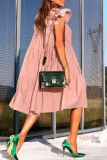 Roze mode casual plus size effen patchwork O-hals jurk met korte mouwen