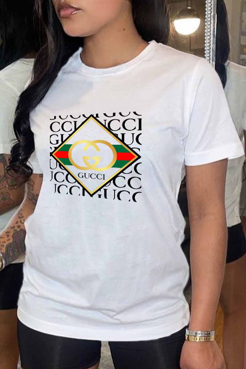 

White Fashion Casual Print Letter O Neck T-Shirts