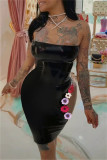 Schwarze Mode Sexy Patchwork-Stickerei ausgehöhlt rückenfreie trägerlose ärmellose Kleider