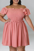 ピンクのカジュアルなスウィートソリッドパッチワークは、肩から折りたたむラインプラスサイズのドレス