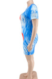Синяя повседневная юбка в стиле пэчворк с принтом и круглым вырезом Платья больших размеров