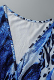 Красочные синие повседневные платья с леопардовым узлом V-образным вырезом и прямыми платьями больших размеров