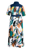 Colour Casual Print Patchwork Buckle Turndown Collar Straight Plus Size Dresses
