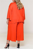 オレンジファッションカジュアルソリッドパッチワークVネックプラスサイズスリーピースセット