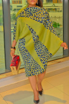Green Fashion Casual Print Patchwork Asymmetrical Oblique Collar Irregular Dress Dresses