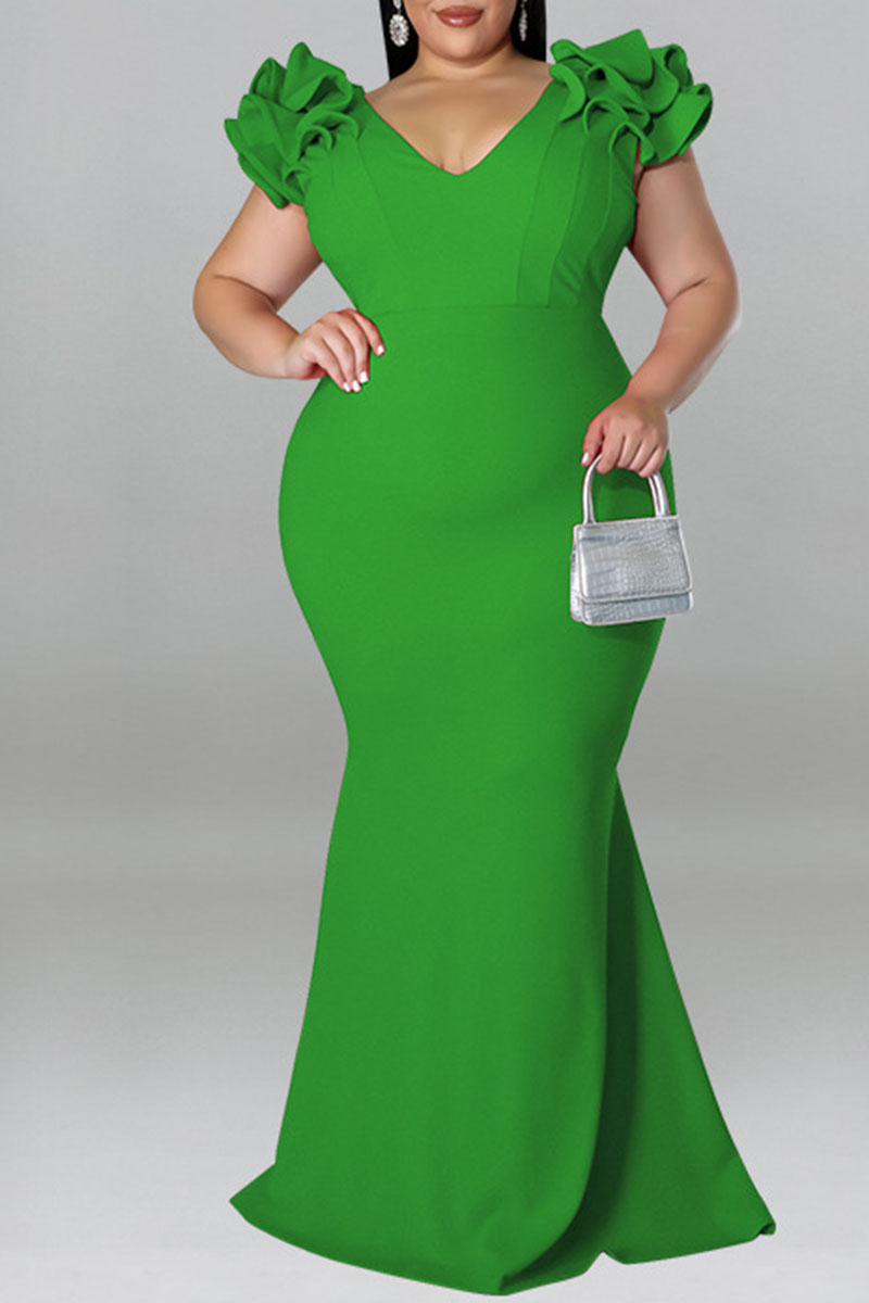 

Green Sexy Solid Patchwork V Neck Evening Dress Plus Size Dresses