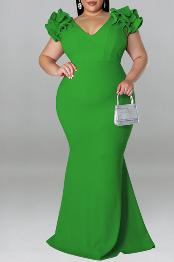 Grünes, sexy, solides Patchwork-Abendkleid mit V-Ausschnitt und Kleidern in Übergröße