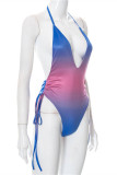Blau Mode Sexy Gradual Change Print Bandage Backless Swimwears (Ohne Polsterung)