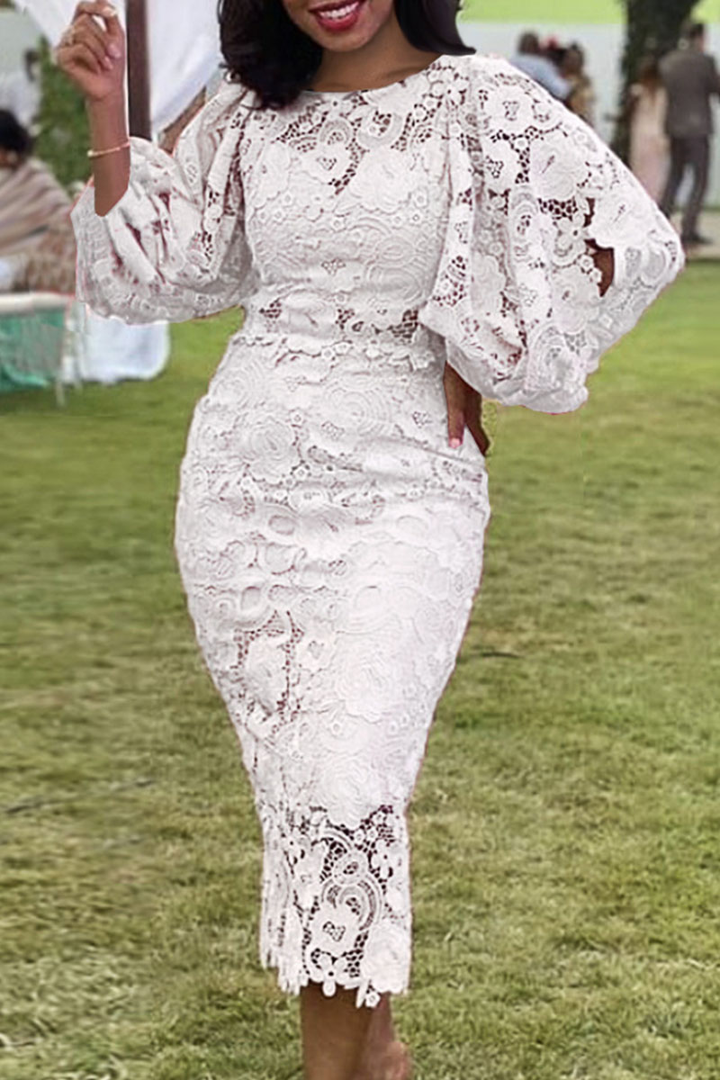 

White Fashion Casual Solid Patchwork See-through O Neck Long Sleeve Dresses