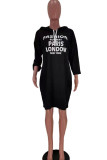 Black Casual Print Patchwork Hooded Collar Straight Plus Size Dresses