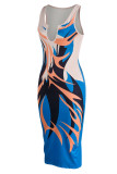 Blau Sexy Print Patchwork U-Ausschnitt Weste Kleid Kleider