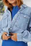 Голубой модный повседневный однотонный лоскутный кардиган с отложным воротником и длинным рукавом, обычная джинсовая куртка