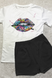 Black And White Casual Lips Printed Patchwork O Neck Short Sleeve Two Pieces