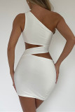 White Fashion Sexy Solid Hollowed Out Backless One Shoulder Sleeveless Dress Dresses