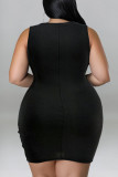 Black Casual Solid Patchwork Hot Drill O Neck Vest Dress Plus Size Dresses