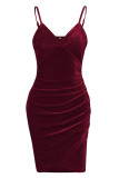 Bourgondische sexy effen patchwork asymmetrische spaghetti band Sling jurk jurken