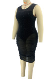 Черное сексуальное однотонное лоскутное прозрачное платье-жилет с круглым вырезом Платья больших размеров