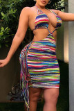 Multicolor Sexy Print Tassel Hollowed Out Patchwork Halter Pencil Skirt Dresses