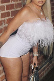 White Sexy Solid Patchwork Feathers Strapless Skinny Rompers