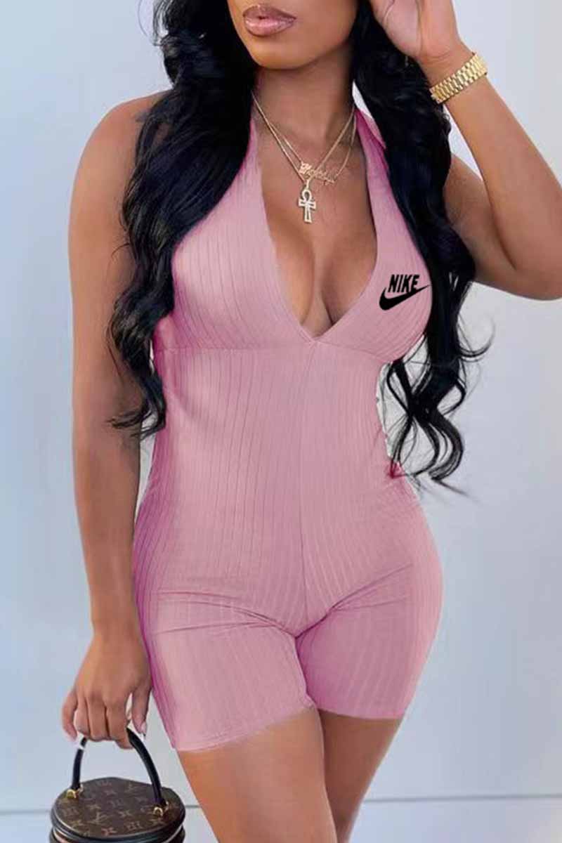 

Pink Fashion Casual Print Letter V Neck Jumpsuits