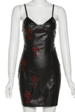 Zwarte sexy effen geborduurde patchwork spaghettibandjes Sling jurk jurken