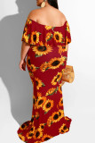 Bourgondische sexy print patchwork volant uit de schouder een stap rok plus size jurken