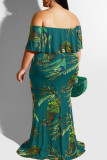 Green Sexy Print Patchwork Flounce Off the Shoulder One Step Skirt Plus Size Dresses