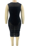 黒のセクシーなソリッドパッチワークシースルーOネックベストドレスプラスサイズのドレス
