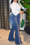 Tiefblaue, modische, lässige, solide Patchwork-Jeans in Übergröße