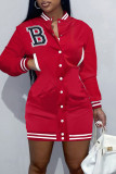 Red Casual Solid Patchwork Buckle Long Sleeve Dresses