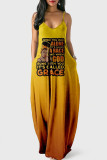 Orange Gelb Fashion Sexy Print Backless Spaghetti Strap Langes Kleid