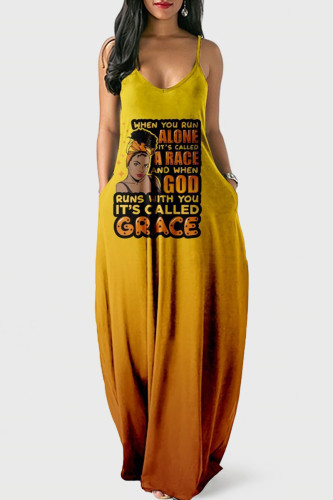Orange Yellow Fashion Sexy Print Backless Spaghetti Strap Long Dress