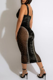 Black Fashion Sexy Patchwork Hot Drilling See-through Backless Spaghetti Strap Sleeveless Dress