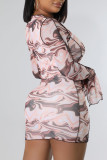 Pink Sexy Print Bandage ausgehöhlte Patchwork-Bleistiftrock-Kleider mit V-Ausschnitt