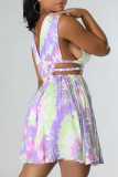 Pink Sexy Print Hollowed Out Patchwork V Neck A Line Dresses