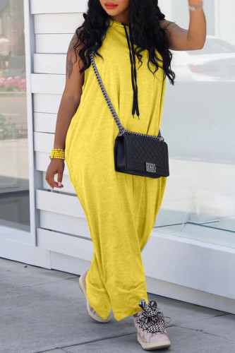 Yellow Casual Solid Patchwork Hooded Collar Loose Jumpsuits