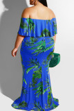 Patchwork d'impression sexy bleu coloré à volants sur l'épaule jupe en une étape robes de grande taille