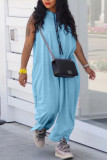 Light Blue Casual Solid Patchwork Hooded Collar Loose Jumpsuits