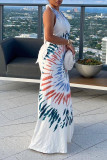 Blanco sexy elegante estampado patchwork sin espalda halter una línea de vestidos